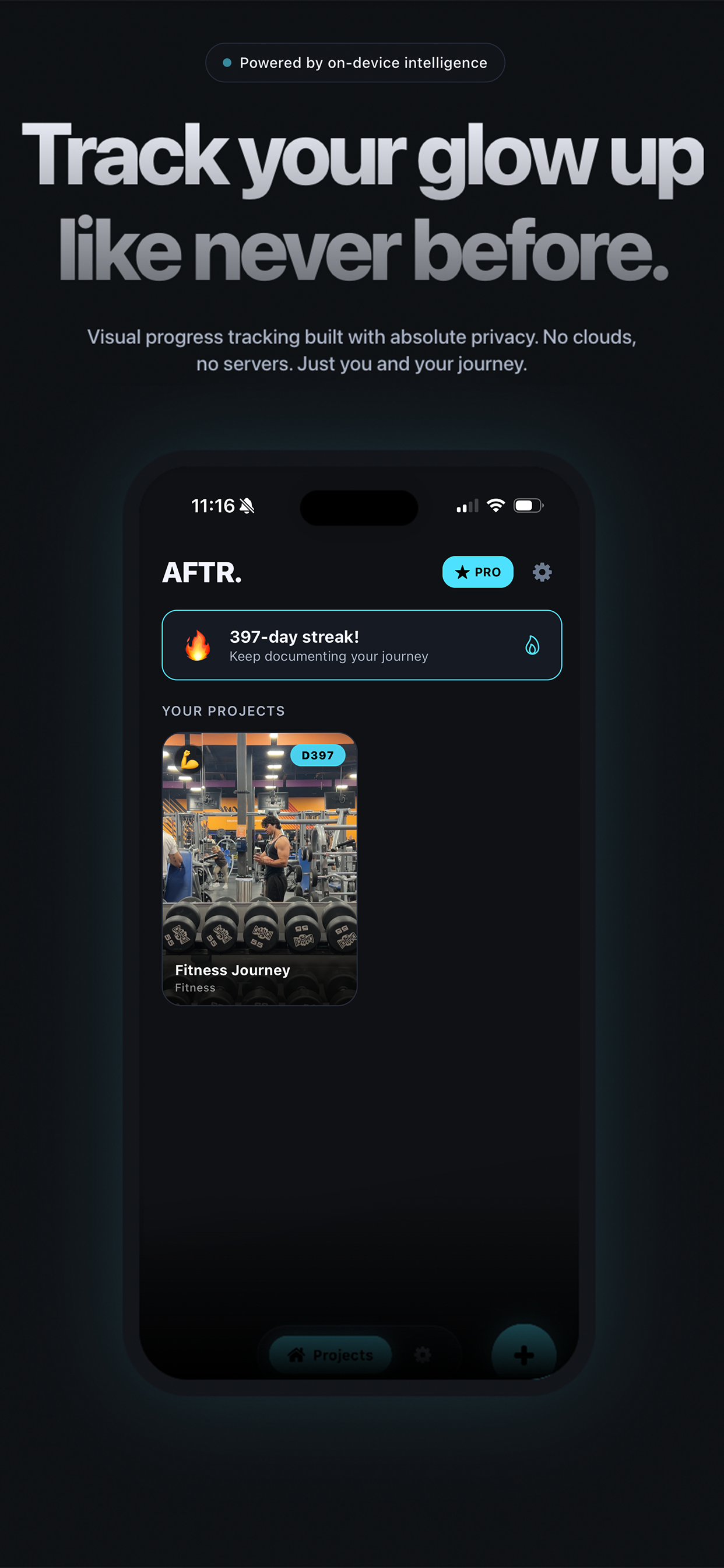Aftr home screen with streak tracking and project cards